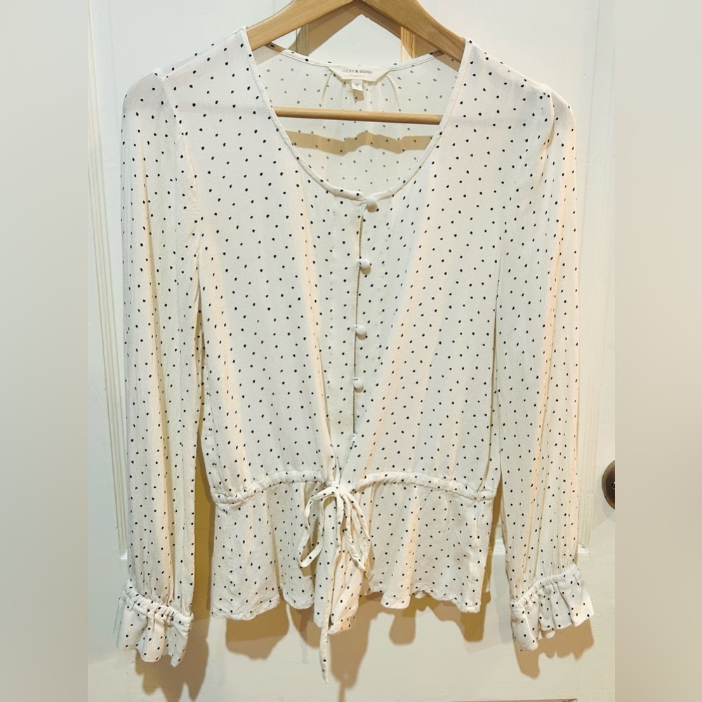 Lucky Brand Ivory Polka Dot Peplum Blouse Retro Casual Office Cottagecore Size M